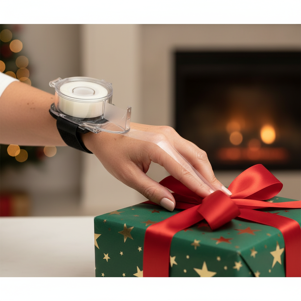 Woman wrapping a gift one-handed